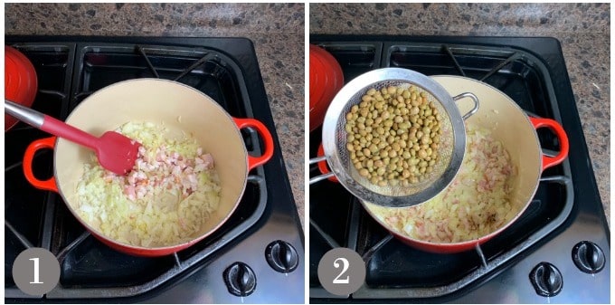 A photo of cooking onion and bacon to make arroz con gandues and adding the pigeon peas.