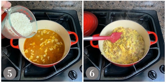 A photo showing adding the rice to the pot to make arroz con gandules.