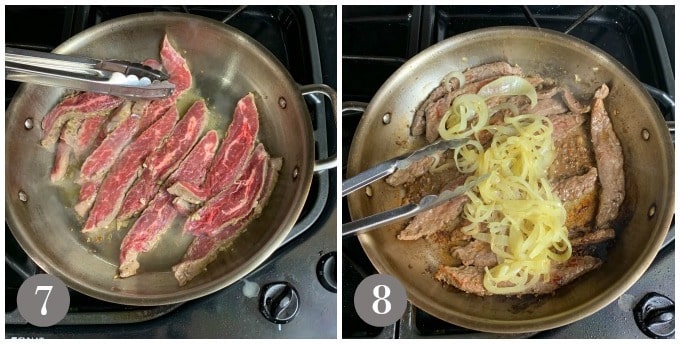 A photo showing cooking the beef and adding onions to bistec encebollado.