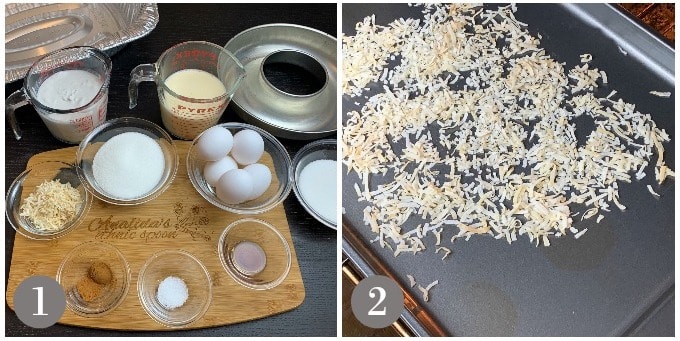 A photo showing the ingredients to make coconut flan and toasting coconut on a baking tray.