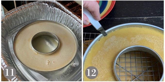 A photo showing coconut flan baking in a water bath and cutting the edge with a knife when done.