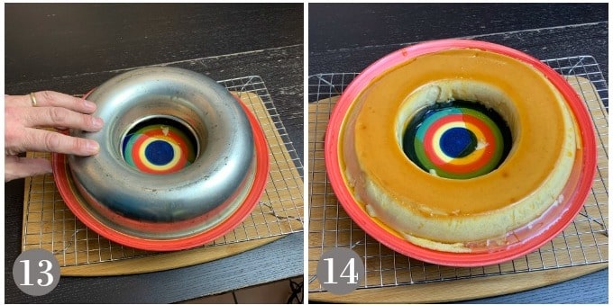 A photo showing turning out coconut flan onto a platter.