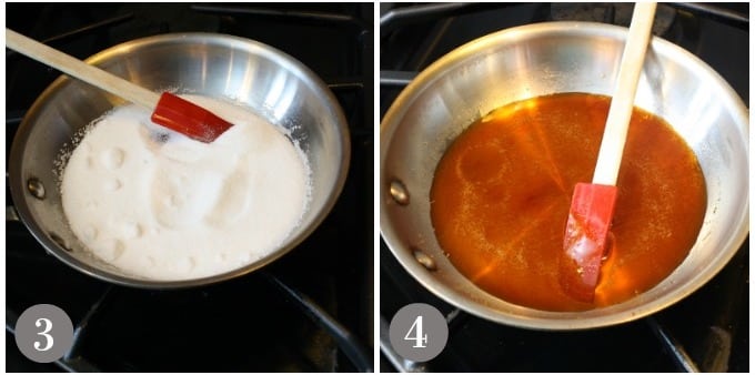 A photo showing melting sugar in a pan and how it looks when nicely brown.