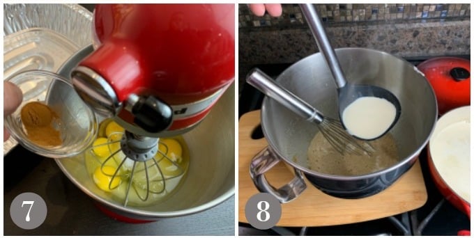 A photo showing blending the eggs for coconut flan and then tempering the hot milk into the mixture.