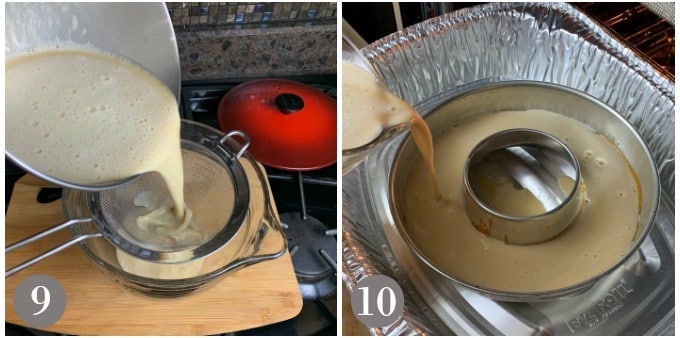 A photo showing coconut flan poured through a strainer and them pouring it into a baking pan.