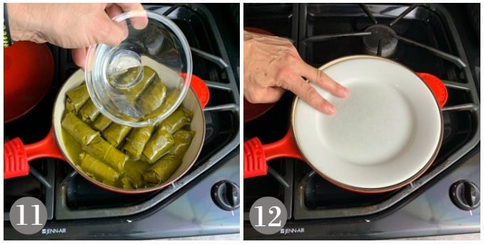 A photo of dolmas simmering under a plate to weigh them down under the simmering liquid.