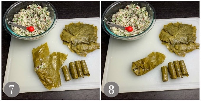 A photo showing adding the filling to grape leave and rolling the dolmas.