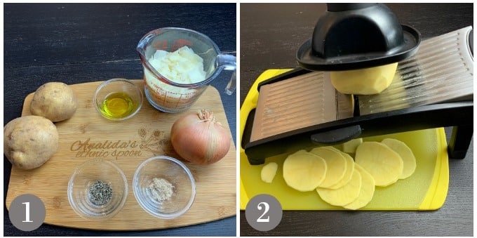 A photo showing the ingredients to make frico and slicing potatoes.