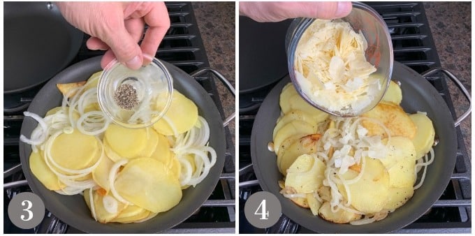 A photo showing adding potato, onions and cheese to a pan.