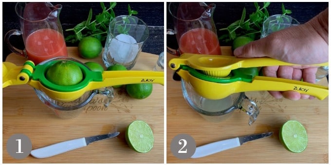 A photo showing limes and a citrus squeezer.