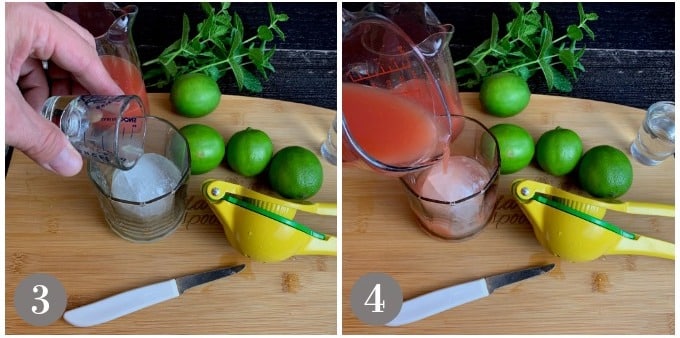A photo showing pouring lime juice and guava juice into a cocktail glass.