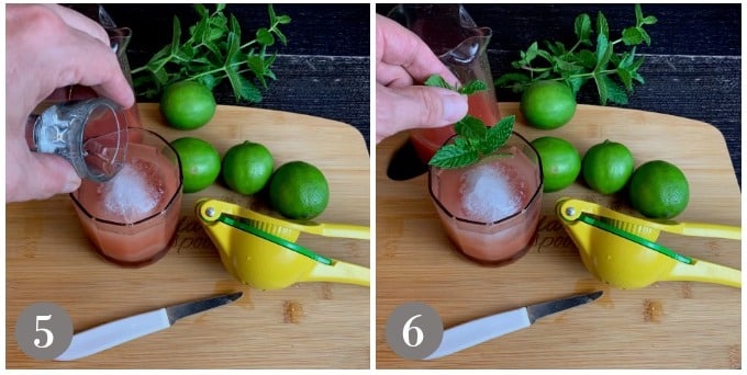A photo showing adding tequila to a cocktail glass and garnishing with fresh mint.