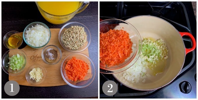 A photo showing the ingredients to make middle eastern lentil soup and adding onions and carrots to a Dutch oven.