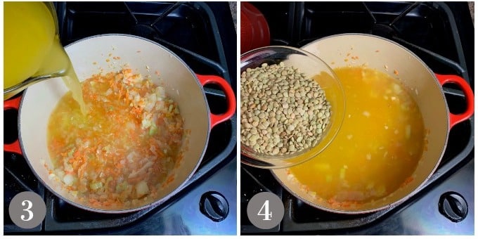 A photo showing adding the stock and lentils to middle eastern lentil soup.