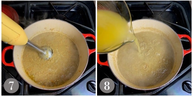 A photo showing using an immersion blender and adding more stock to middle eastern lentil soup.