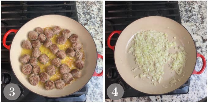 A photo of Persian koofteh in a pan cooking and a photo of onions cooking.
