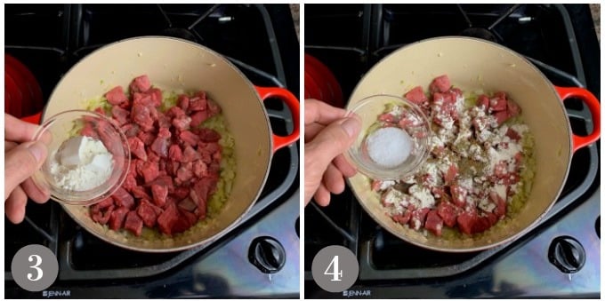 A photo showing adding chunks of beef, flour and salt to a Dutch oven.