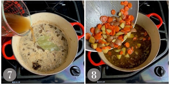 A photo showing adding beef broth, carrots and potatoes to the Dutch oven.