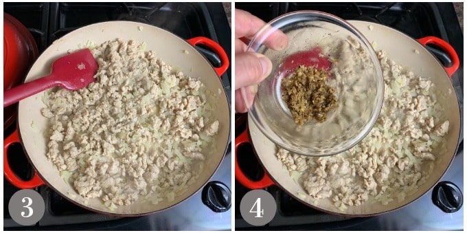 A photo showing adding the chicken and spices to the onions to make Thai lettuce wraps.