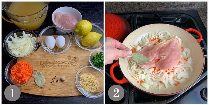 A photo of the ingredients to make Greek avgolemono and cooking chicken in a pan.