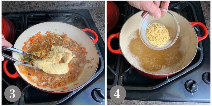 A photo of cooked chicken and adding orzo pasta to broth.