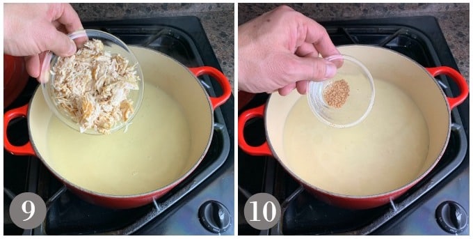 A photo showing adding the shredded cooked chicken to the soup pot.