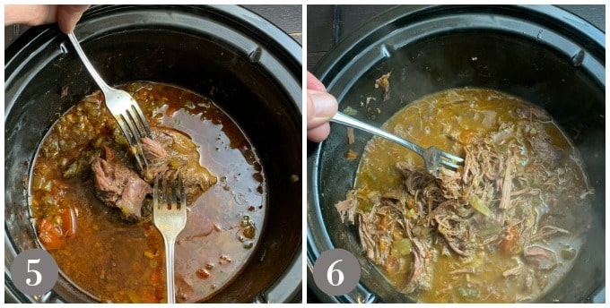 A photo of the cooked beef in a slow cooker and shredding it with forks.