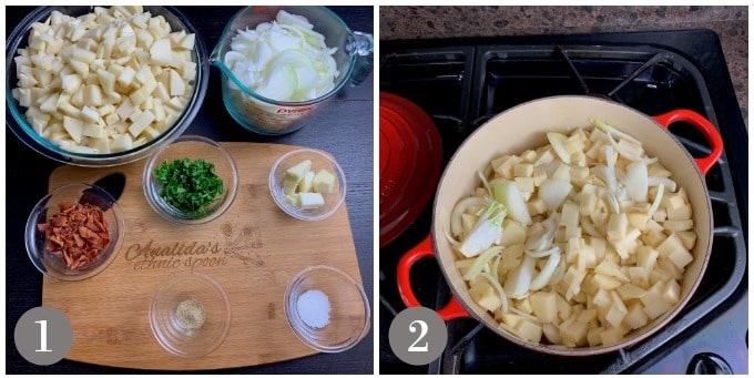 A photos showing the ingredients and cooking the onions to make Irish potato soup.