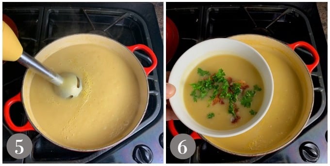 A photo showing using an immersion blender to make the Irish potato soup smooth and creamy.