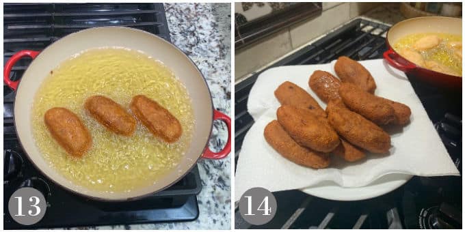 Photos showing the frying of the alcapurrias and them draining on a plate with paper towel.