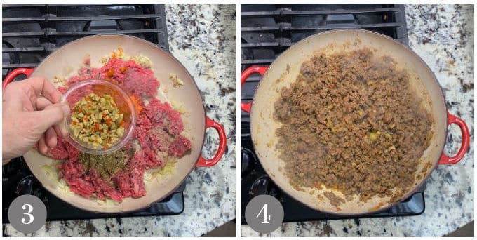 Two photos showing adding the beef, seasonings and chopped olives to make the picadillo filling.