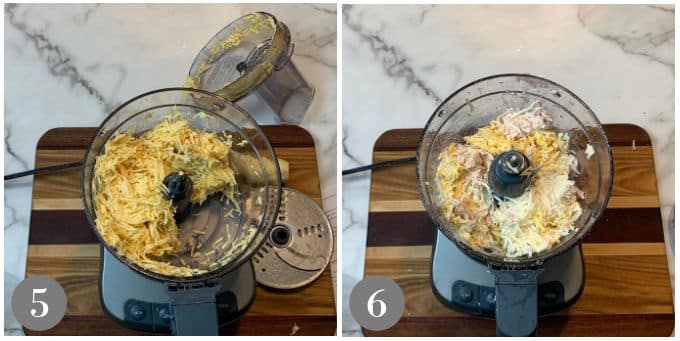 Two photos showing a food processor to shred plantain and yautia.