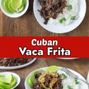 A collage of photos with text overlay showing Cuban vaca frita on a white plate.