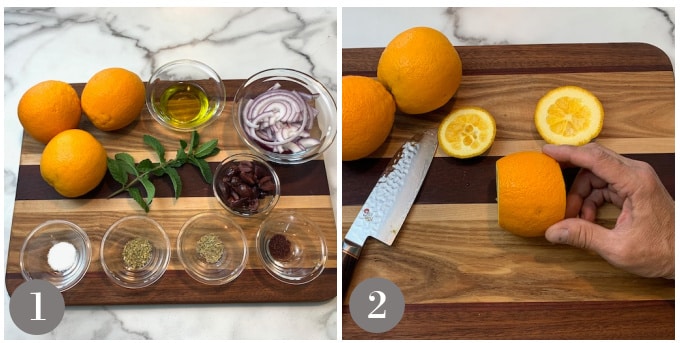A photo showing the ingredients and the step to cut the orange ends off to make Turkish orange salad.