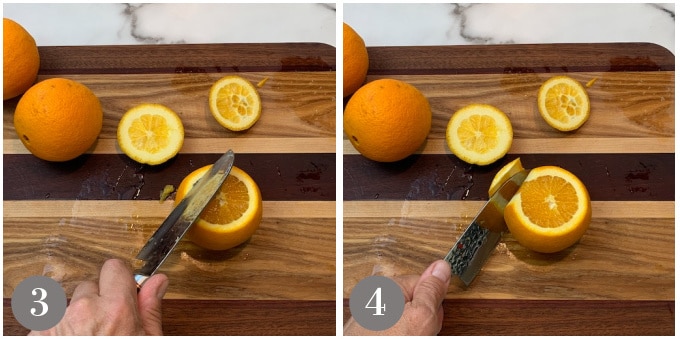 Photos showing how to slice the side of an orange around the edge.