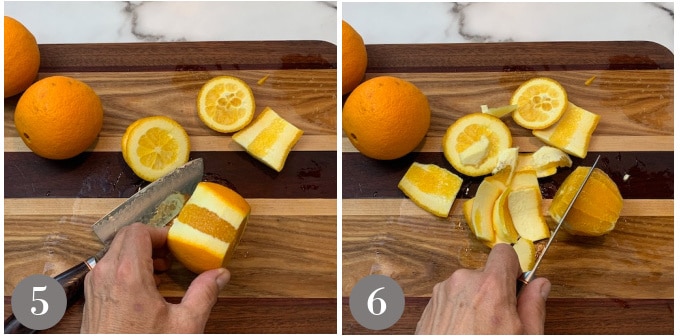 A photo showing the edge peel removed and then making slices from an orange for Turkish orange salad.