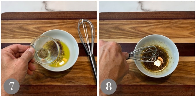 Two photos showing a bowl of oil and adding ingredients and then whisking to combine to make a dressing for Turkish orange salad.