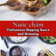 A collage of photos with text showing nuoc cham as a dipping sauce and dressing.