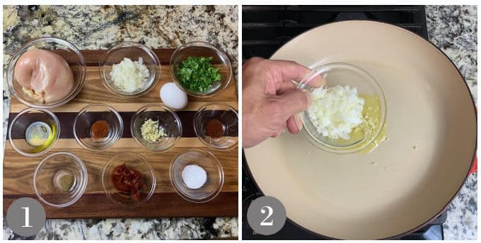 Two photos showing the ingredients to make chicken puff pastry and cooking the onions and garlic in a pan.
