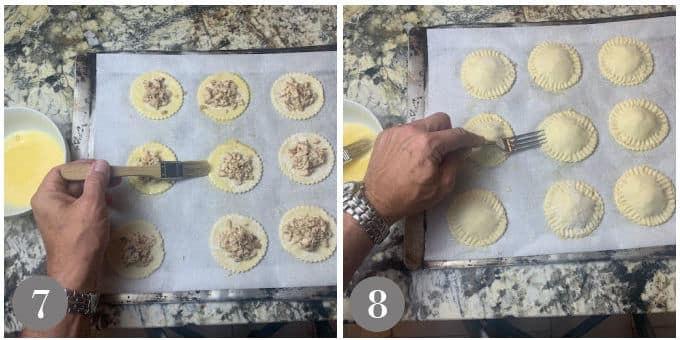 A photo showing brushing egg wash on the puff pastry base and crimping the tops with a fork.