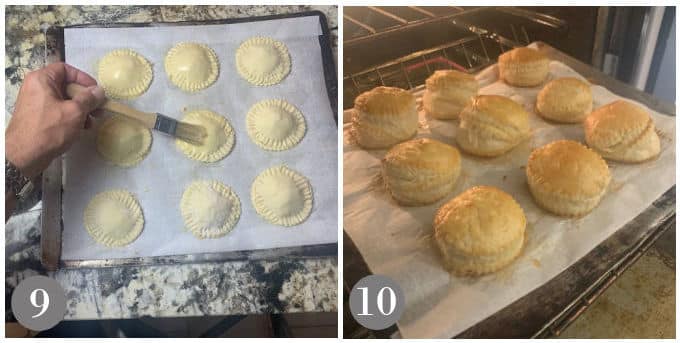 A photo showing brushing the puff pastry tops and the finished baked chicken puff pastry.