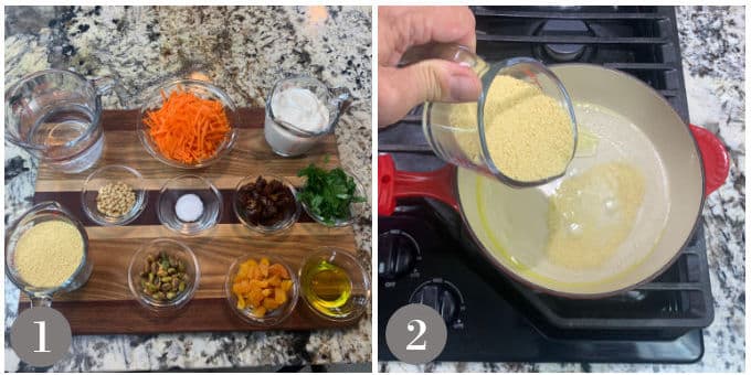 Two photos showing the ingredients to make couscous salad and adding couscous to a pan.