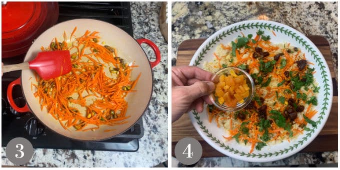 Photos showing heating the carrots nuts then tossing the couscous salad.