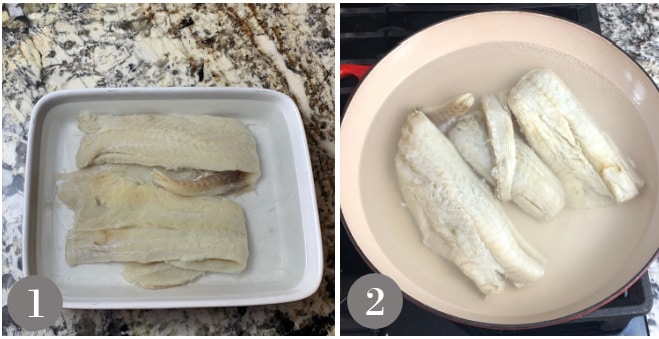 A photo showing soaking the salted cod to make bacalaitos and the step to simmer in a pan.