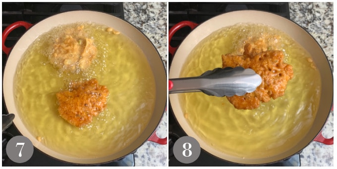 A step showing frying the bacalaitos in a pan and a fully cooked one coming out of the pan with tongs.