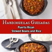 A collage of photos with text overlay showing a bowl of habichuelas guisadas or Puerto Rican stewed beans in a black bowl.