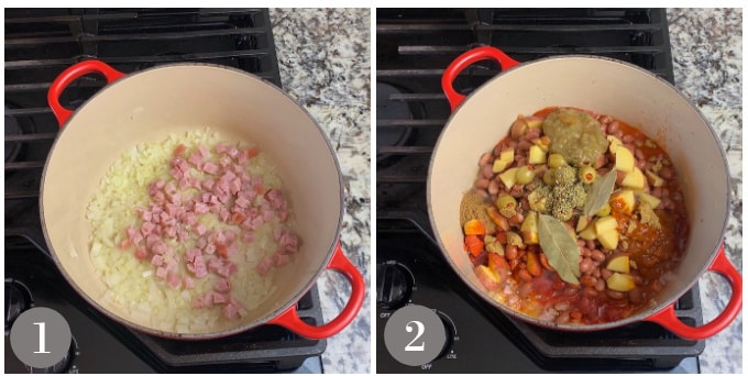 Two photos showing the steps to saute the onions and adding the ingredients to make Puerto Rican stewed beans.