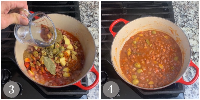A photo showing adding water to the pot and simmering the Puerto Rican stewed beans.
