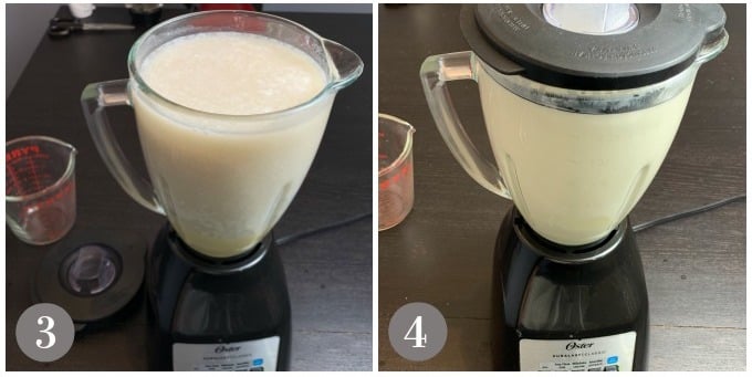 A photo showing the blender full and another showing the coquito blended.