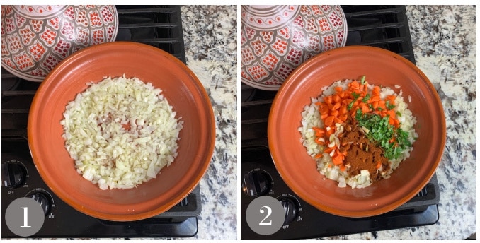 A collage of photos showing step one and two to make vegetable tagine.